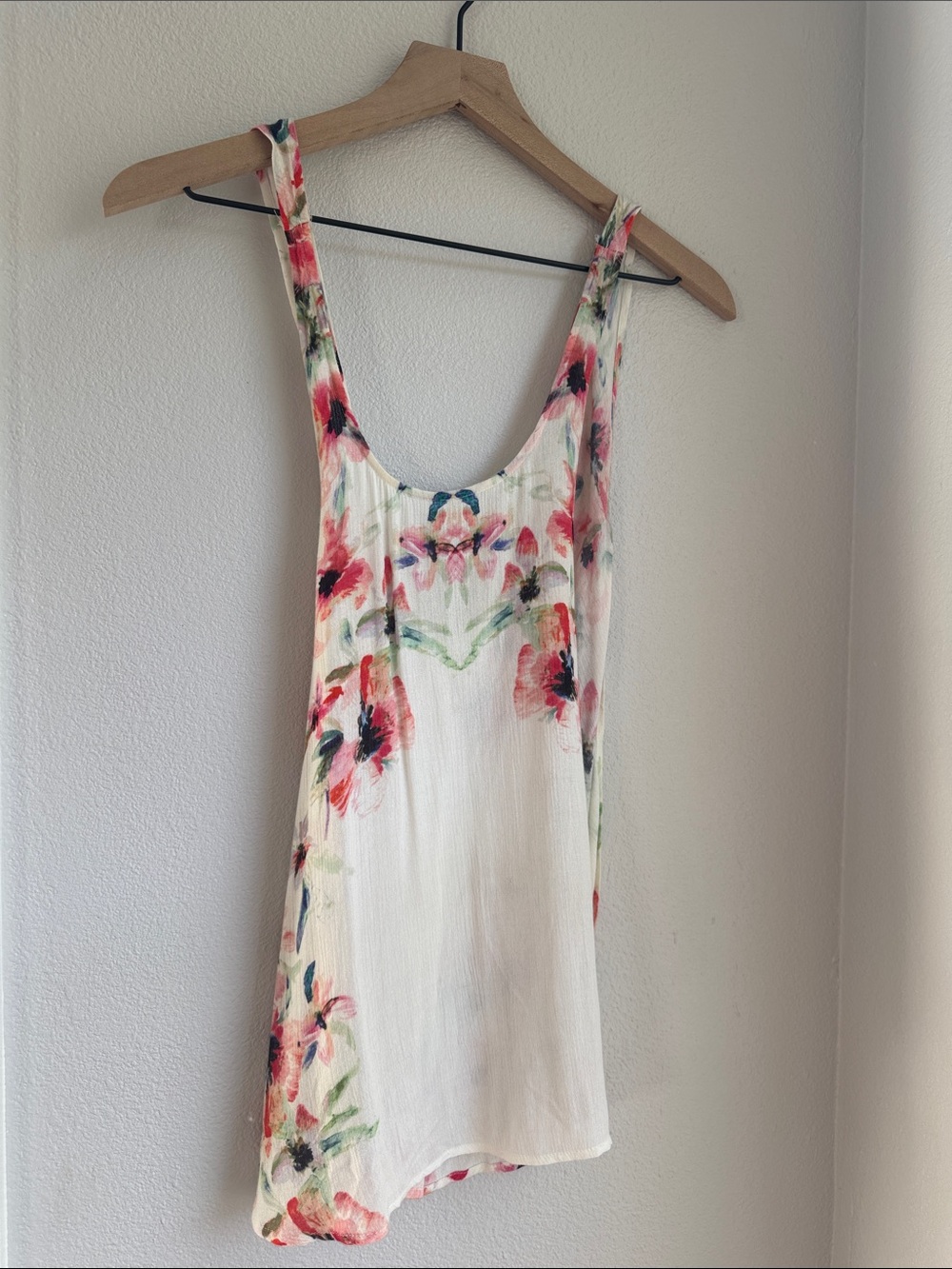 Cream Floral Wrap Tank Top with Pink & Green Accents